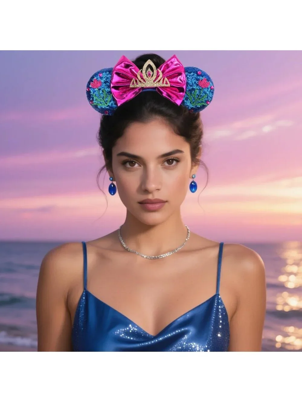 Women Pink-Blue Polyester Sparkle Sequin Mickey Mouse Hair Bow Handmade Headband